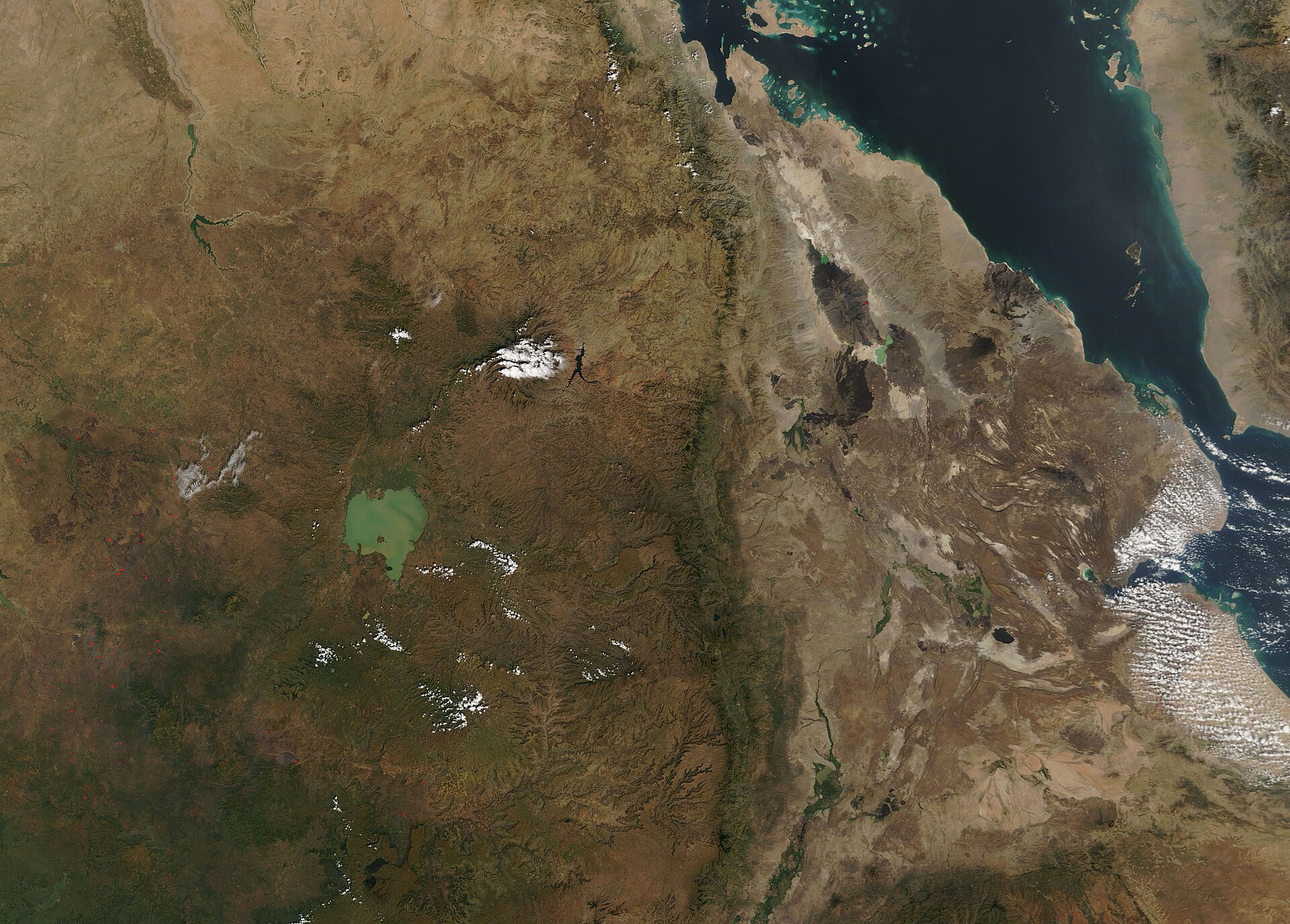 NASA MODIS satellite image of the Horn of Africa and Red Sea region showing the geographic position of the Bab al-Mandab Strait and Gulf of Aden