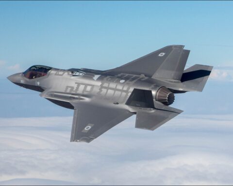 Israeli Air Force F-35I Adir stealth fighter in flight, showing Star of David markings — the aircraft type used in Israel's June 8, 2026 strikes on Iran