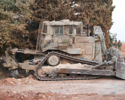 IDF 7th Armored Brigade D9 armored bulldozer and Merkava tank during ground maneuver in southern Lebanon, October 2024. The IDF established a buffer zone approximately 10 km deep in Lebanese territory during the ground incursion. Photo: IDF Spokesperson's Unit / CC BY-SA 3.0