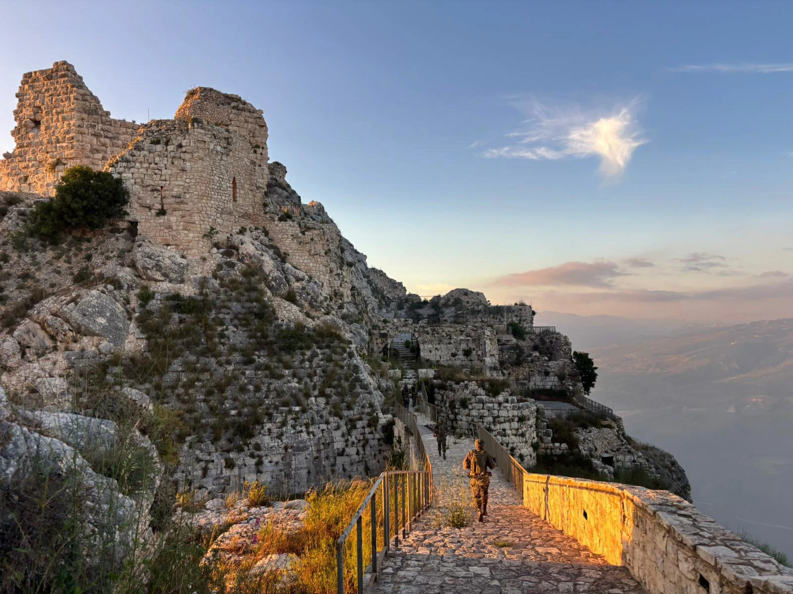 IDF soldier walks the ramparts of Beaufort Castle in southern Lebanon, May 31 2026 — the day before Trump declared a ceasefire that Israeli Defense Minister Katz denied