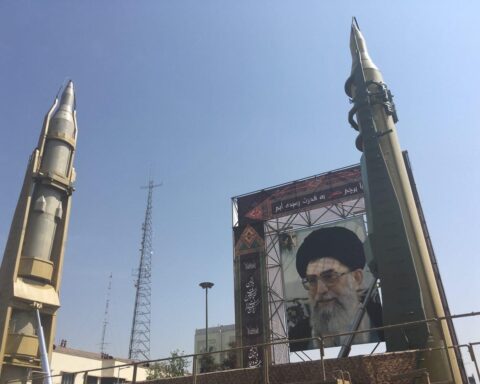 Iranian ballistic missiles displayed at Baharestan Square in Tehran, 2017, with a portrait of Supreme Leader Khamenei
