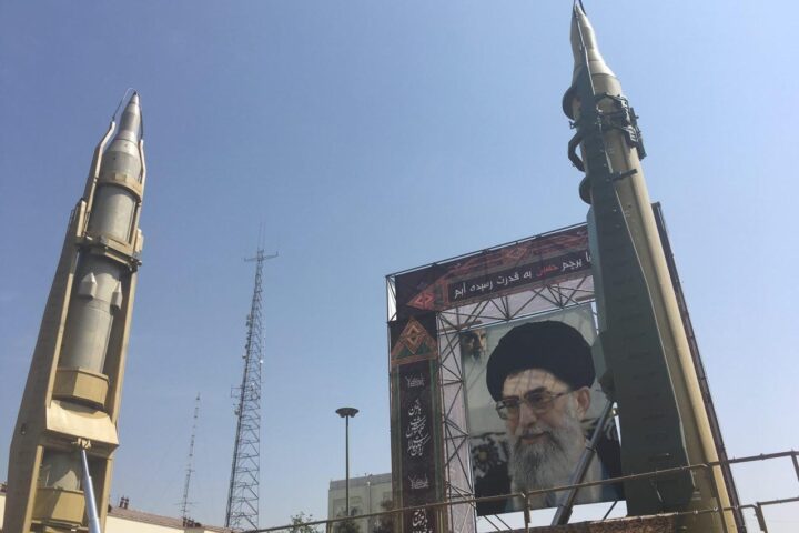 Iranian ballistic missiles displayed at Baharestan Square in Tehran, 2017, with a portrait of Supreme Leader Khamenei