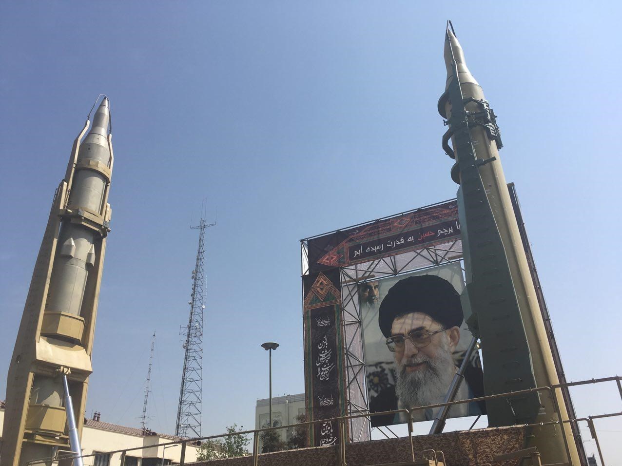 Iranian ballistic missiles displayed at Baharestan Square in Tehran, 2017, with a portrait of Supreme Leader Khamenei