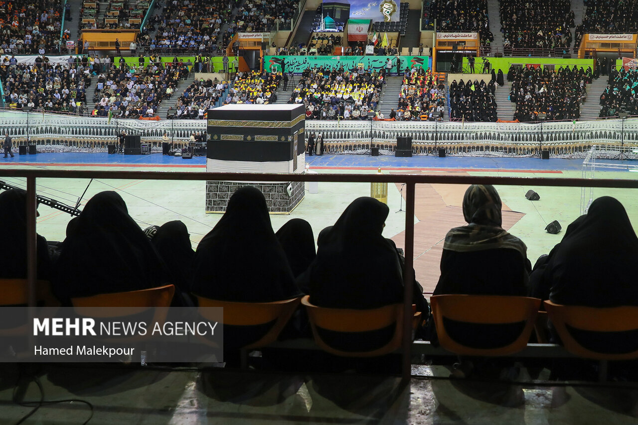 Iranian Hajj pilgrims attend pre-departure briefing conference at a Tehran stadium venue before the 2026 pilgrimage season