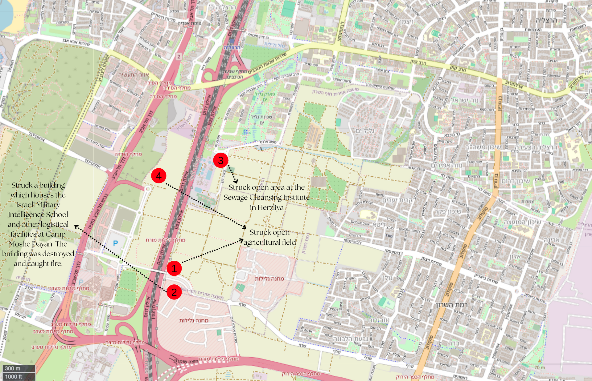 Map of Iranian airstrikes on the Israeli Military Intelligence School and Camp Moshe Dayan during Operation True Promise 3, June 2025