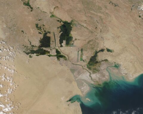 NASA MODIS satellite view of the northern Persian Gulf showing Iraq, Iran, Kuwait, and the Khor Abdullah approach to Umm Qasr — the strike zone where IRGC cruise missiles hit the MSC Sariska V on June 1, 2026