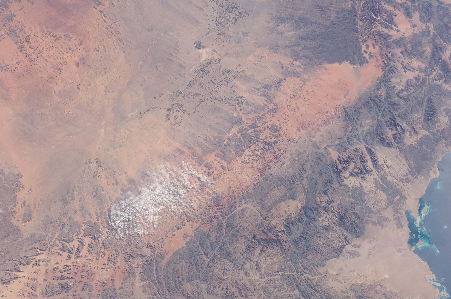 ISS Expedition 30 satellite view of northwest Saudi Arabia showing the Hejaz Mountains and NEOM region — Mt. Al Lawz visible in the foreground, Gulf of Aqaba at right, the terrain where Trojena and The Line were to be built