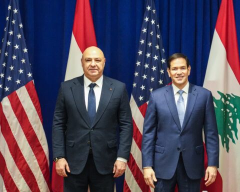 Lebanese President Joseph Aoun meets US Secretary of State Marco Rubio in New York, September 2025, flanked by US and Lebanese flags