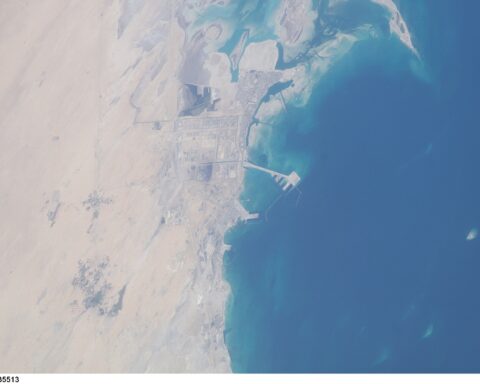 Jubail Industrial City, Saudi Arabia — ISS aerial view of the petrochemical complex on the Persian Gulf coast