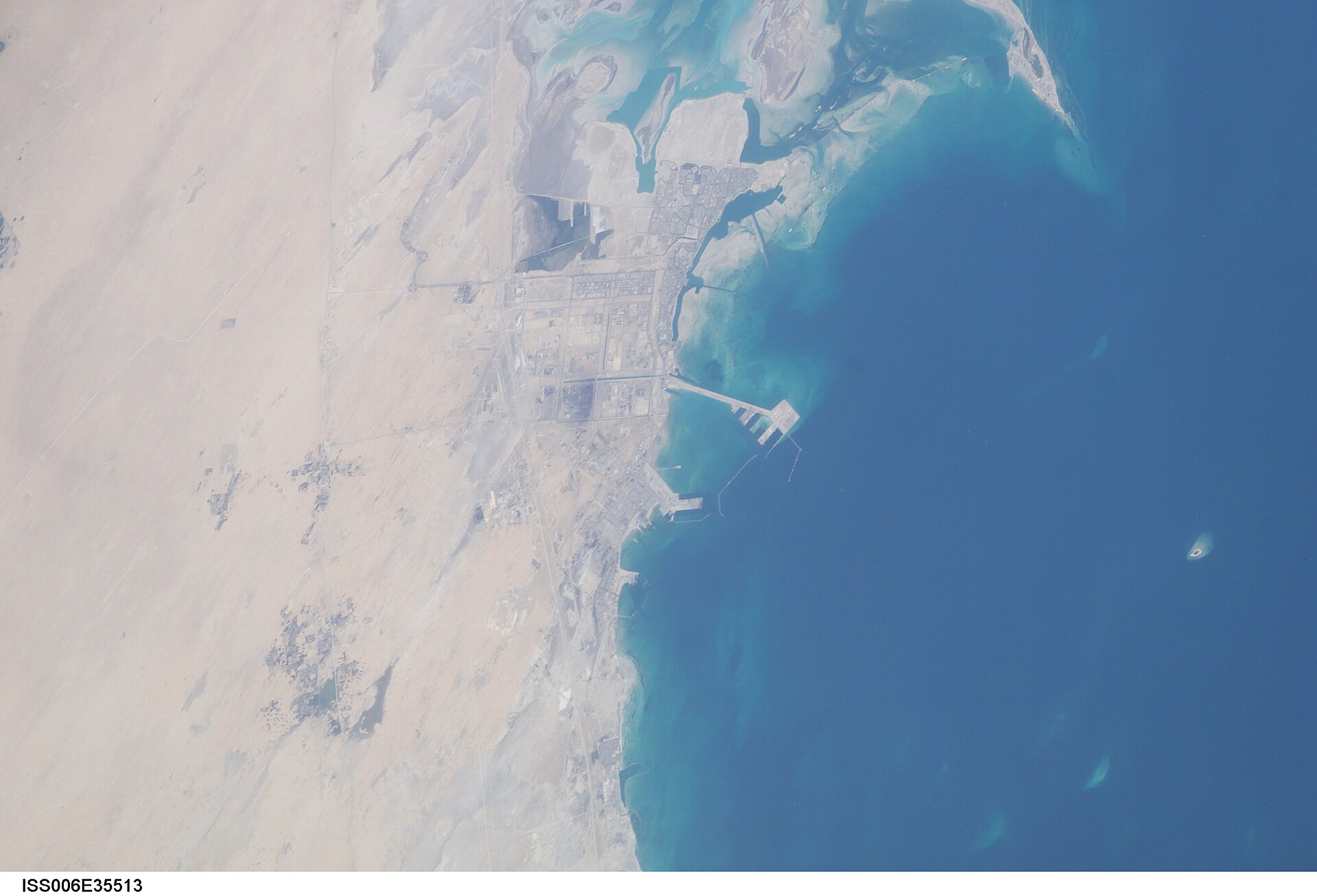 Jubail Industrial City, Saudi Arabia — ISS aerial view of the petrochemical complex on the Persian Gulf coast