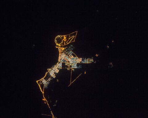 Khafji, Saudi Arabia Eastern Province oil city at night photographed from the International Space Station during ISS Expedition 45