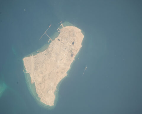Kharg Island photographed from the International Space Station during ISS Expedition 20. The island handles 90 percent of Iran crude exports through its loading jetties and 34 million barrel storage complex. Photo: NASA / Johnson Space Center / Public Domain
