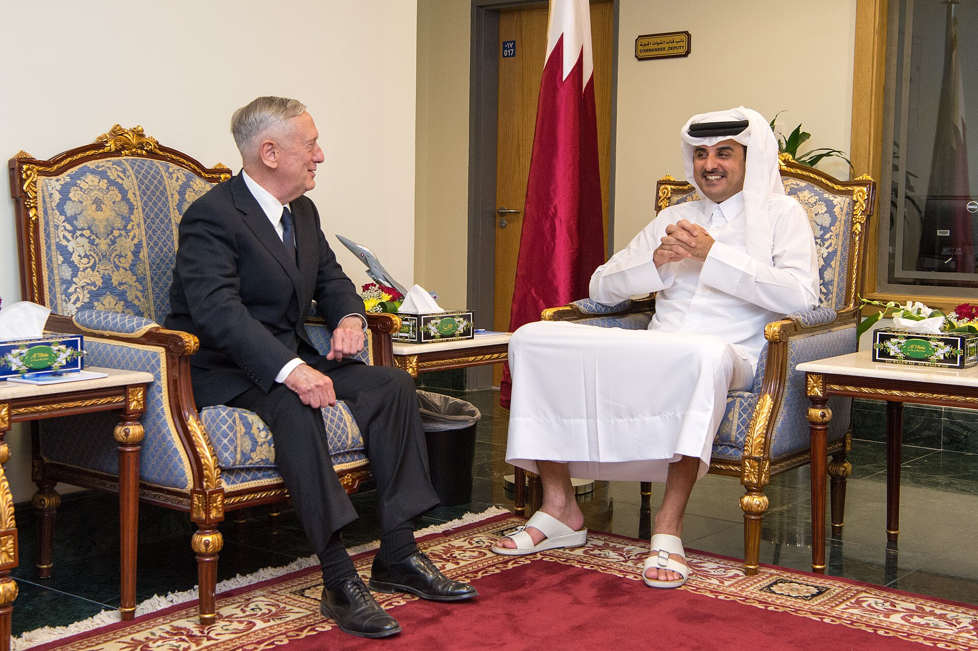 US Defense Secretary Jim Mattis meets Qatar Emir Sheikh Tamim bin Hamad Al Thani at Al Udeid Air Base in Qatar — the same base struck by IRGC missiles days before the Emir brokered the June 28-29 stand-down that moved talks from Geneva to Doha