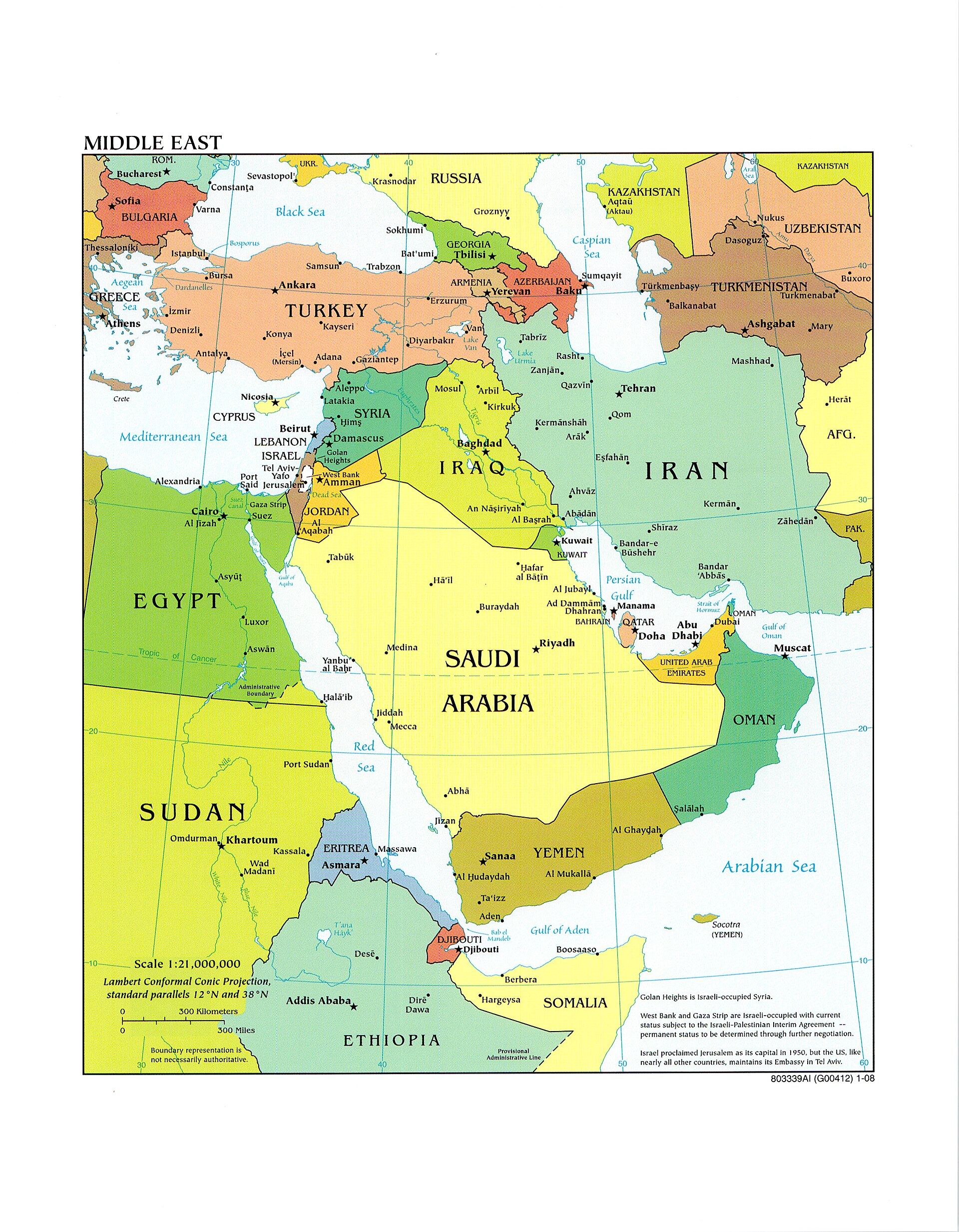 Political map of the Middle East showing Jordan, Kuwait, Bahrain, Saudi Arabia, Iran and surrounding countries