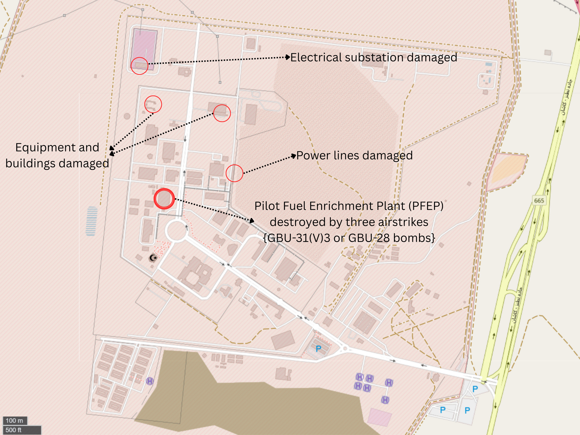 Map showing Israeli airstrike damage at Natanz nuclear facility during Operation Rising Lion, June 2025, including destruction of the Pilot Fuel Enrichment Plant