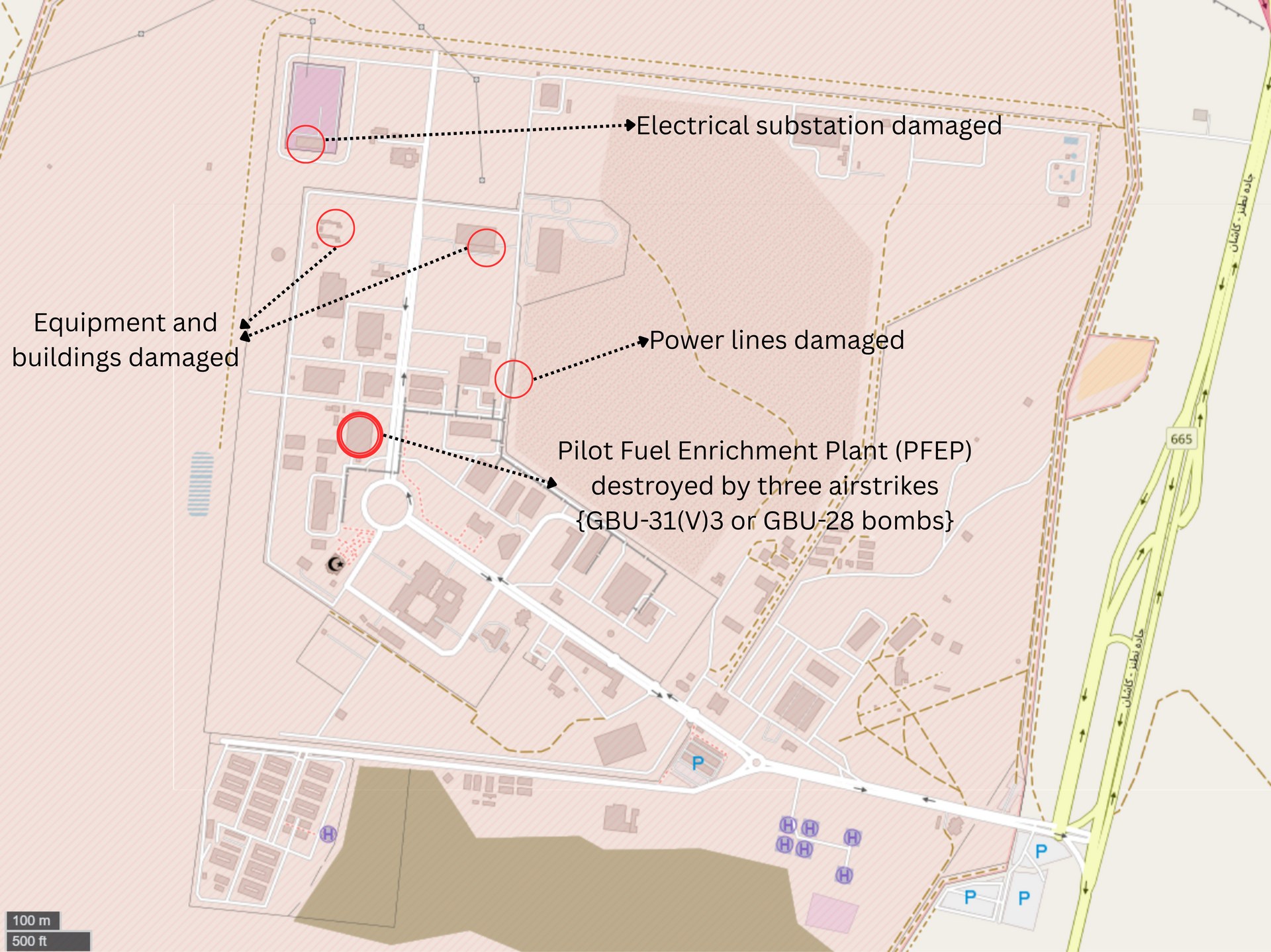 Map of Israeli airstrike damage at the Natanz Nuclear Facility during Operation Rising Lion, June 2025, showing the Pilot Fuel Enrichment Plant destroyed by three GBU-28 bunker-busters