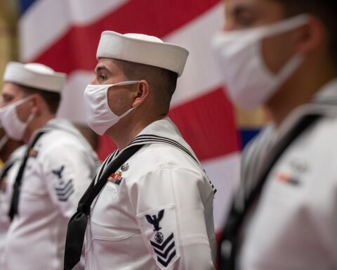 US Navy sailors at NAVCENT Fifth Fleet change-of-command ceremony, Naval Support Activity Bahrain, Juffair district