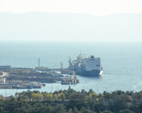 LNG and oil tanker at sea loading terminal — petroleum cargo shipping, the transport mechanism that converts OPEC quota decisions into barrels that either flow or do not