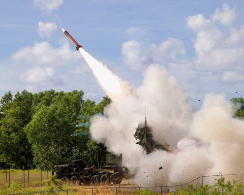 A PAC-3 Patriot interceptor missile launches from an M903 Patriot Launching Station during Exercise Tenacious Archer 25, August 2025
