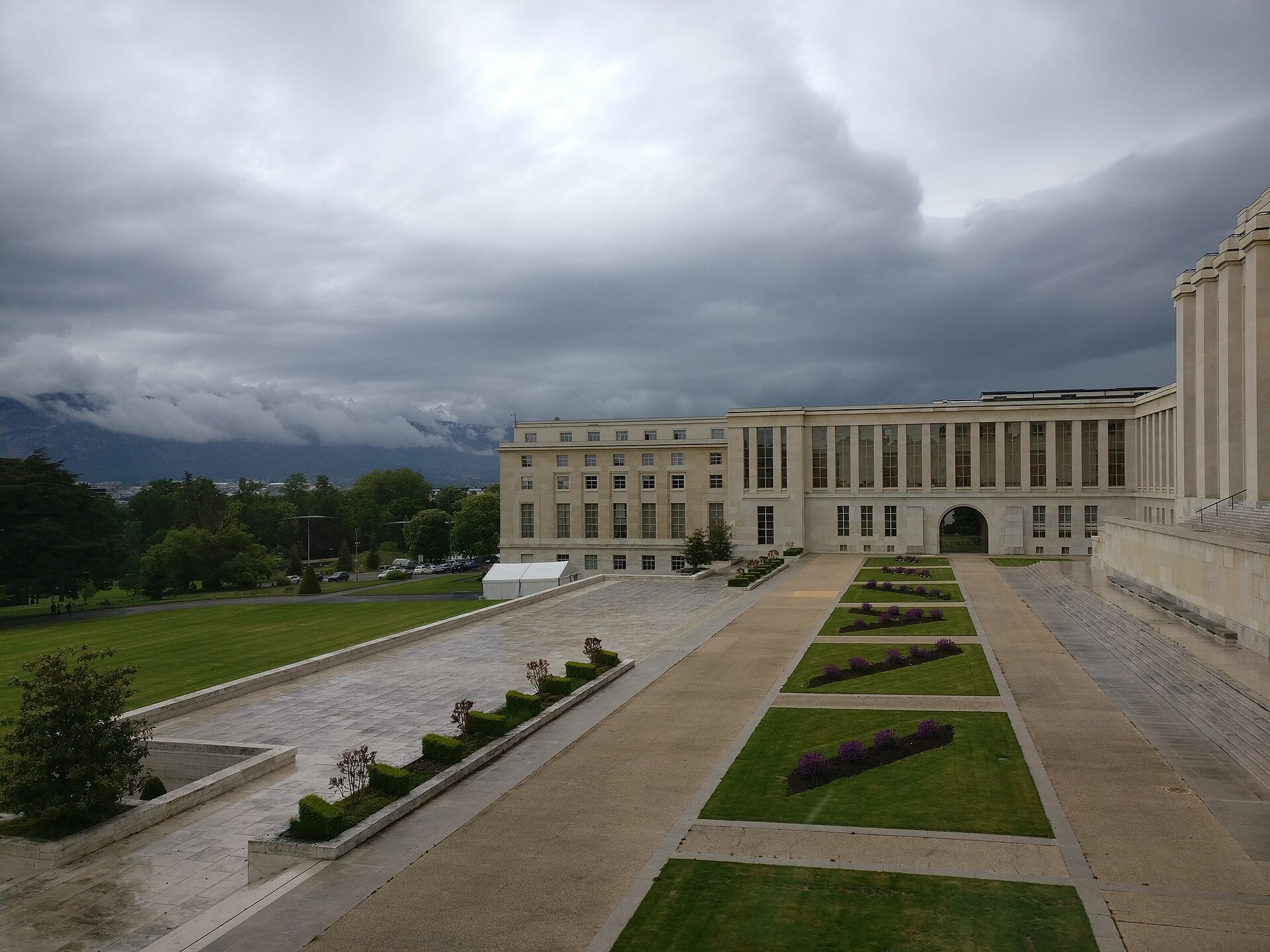 Palais des Nations United Nations Office Geneva exterior building and gardens proposed signing venue for Iran United States memorandum of understanding June 2026