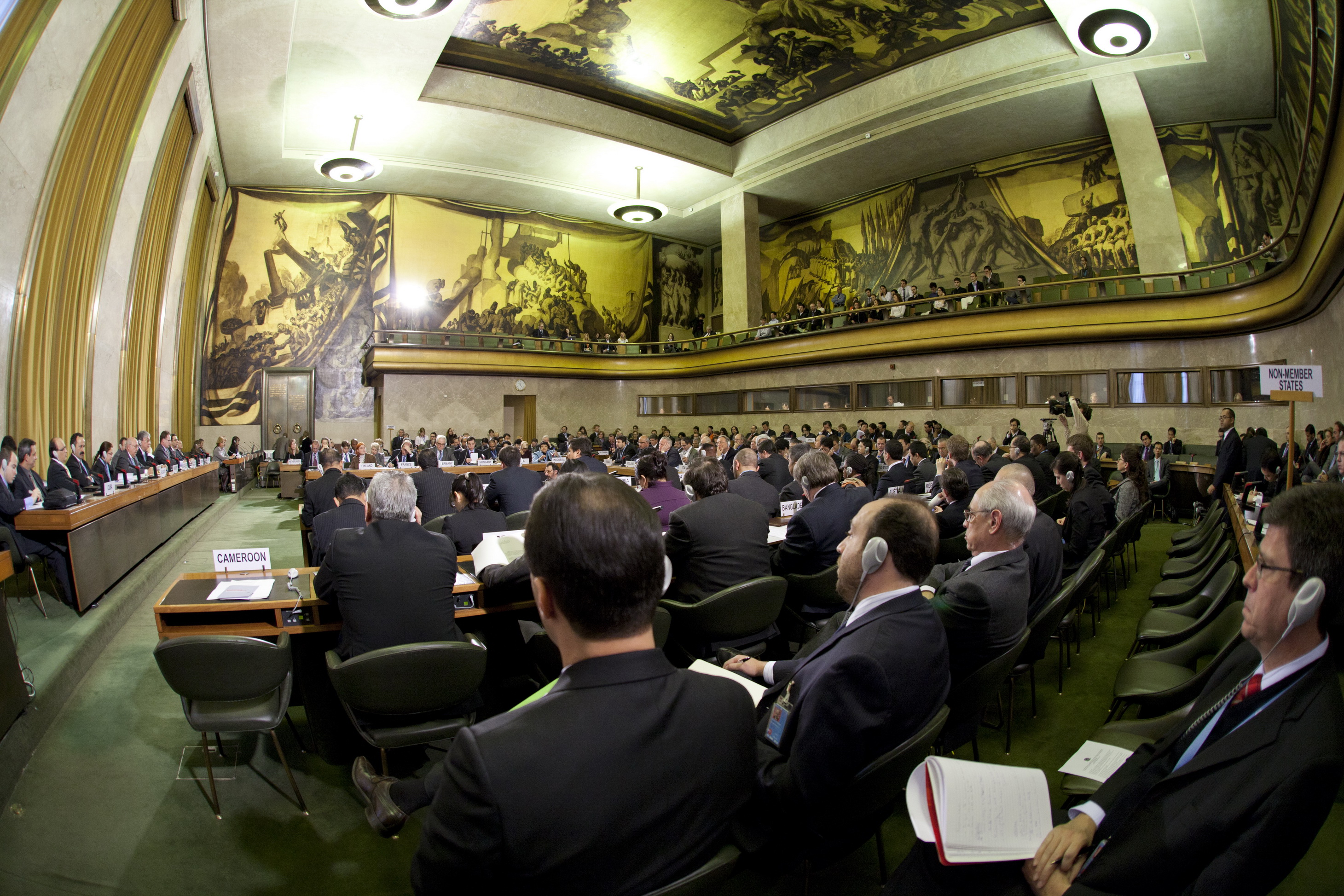 The Council Chamber at the Palais des Nations, Geneva — the United Nations European headquarters and venue where the US-Iran MOU signing ceremony was scheduled