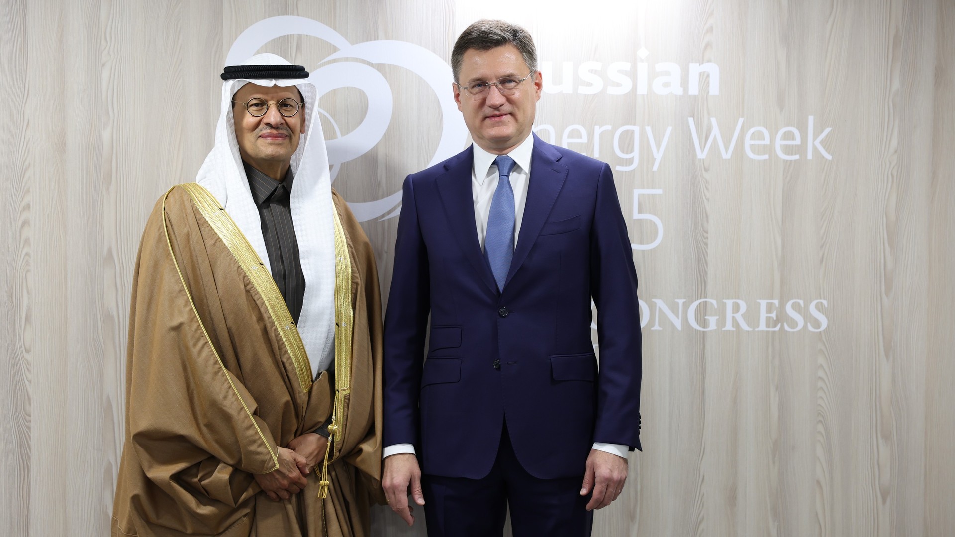 Saudi Energy Minister Prince Abdulaziz bin Salman (left) with Russian Deputy Prime Minister Alexander Novak at Russian Energy Week 2025, representing the two largest OPEC+ members whose overproduction and fiscal constraints define the limits of the June 7 ministerial