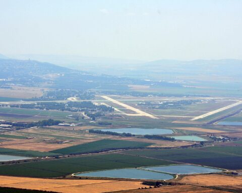 Aerial view of Ramat David airbase in the Jezreel Valley, northern Israel, showing the runway layout of the IAF base targeted in Operation True Promise 5