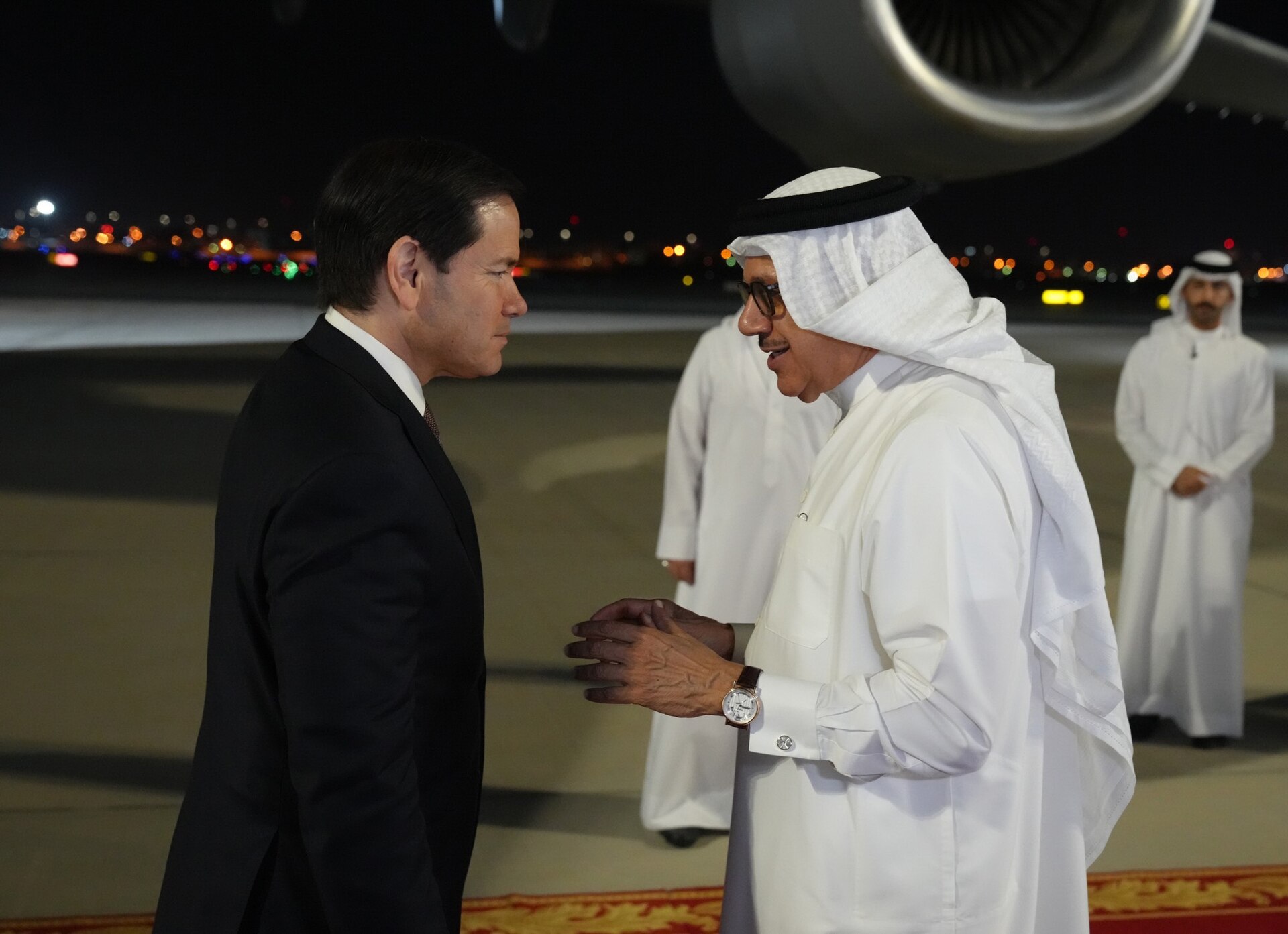 Secretary Rubio arrives at Bahrain International Airport in Manama, greeted by Bahraini officials, June 2026