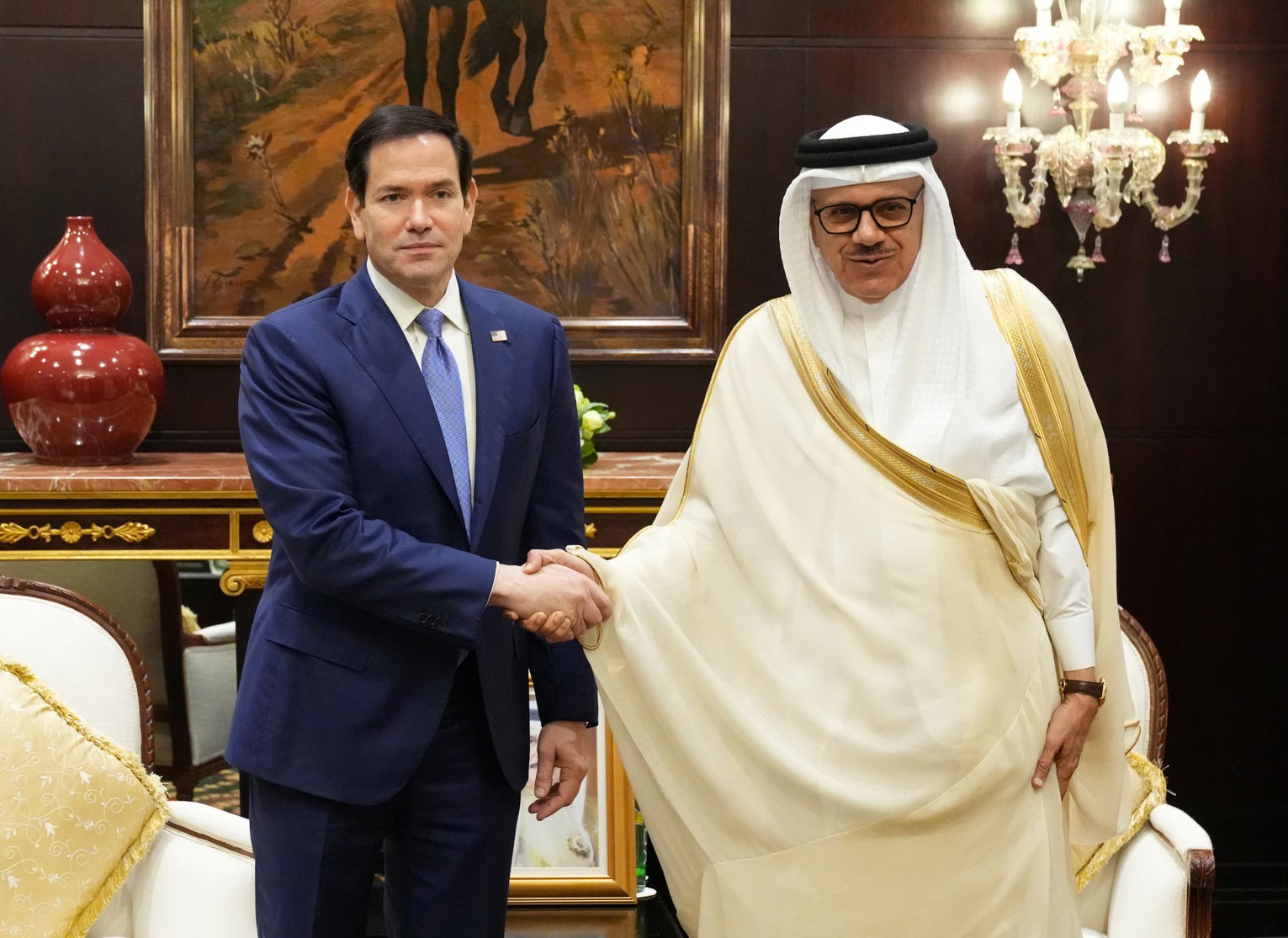 Secretary of State Marco Rubio shakes hands with Bahraini Foreign Minister Abdullatif bin Rashid Al Zayani, co-chair of the US-GCC ministerial meeting in Manama, June 2026