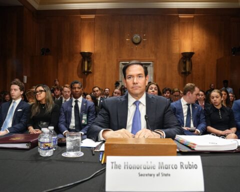Secretary of State Marco Rubio testifies before the Senate Committee on Foreign Relations, May 2025, nameplate visible at witness table