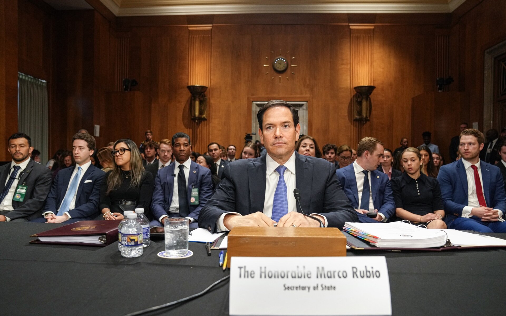 Secretary of State Marco Rubio testifies before the Senate Committee on Foreign Relations, May 2025, nameplate visible at witness table