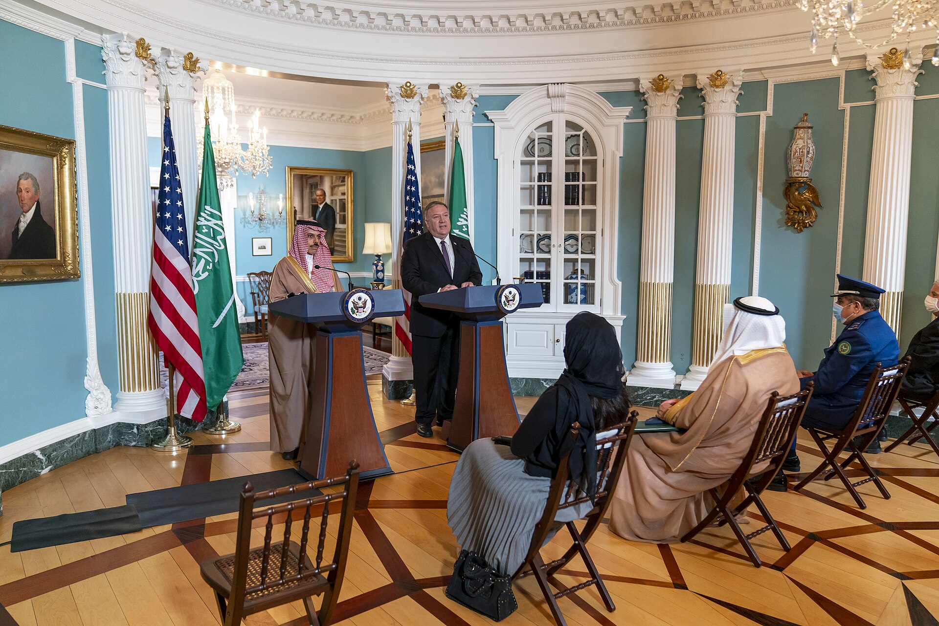 Saudi Foreign Minister Prince Faisal bin Farhan addresses reporters at a joint press conference at the US State Department, Washington DC, October 2020