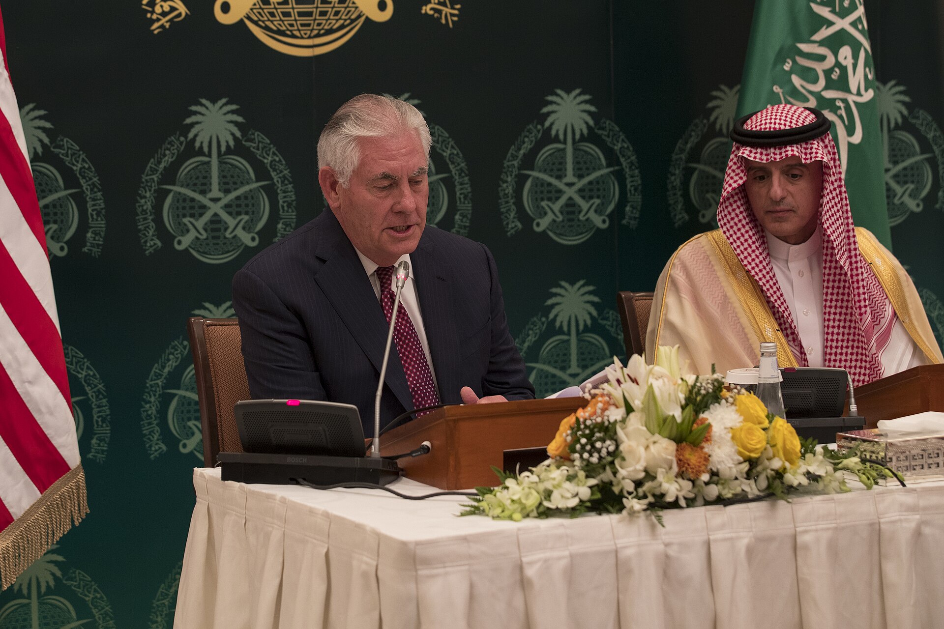 US Secretary of State Rex Tillerson at press conference with Saudi Foreign Minister Adel al-Jubeir in Riyadh