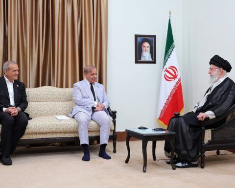 Pakistani Prime Minister Shehbaz Sharif meets with Ayatollah Ali Khamenei, with Iranian President and Iranian flag, June 2026