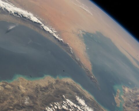 Strait of Hormuz satellite view showing the Persian Gulf connecting to the Gulf of Oman through the 21-mile-wide chokepoint