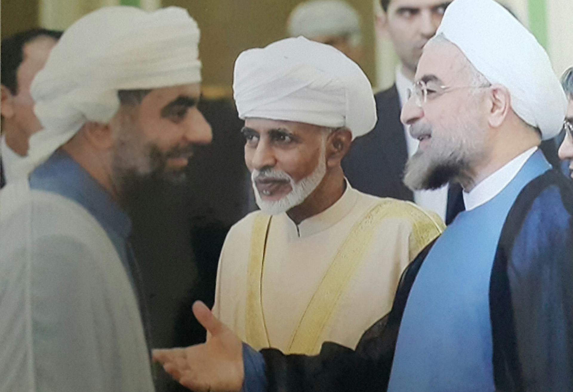 Sultan Qaboos bin Said of Oman with Iranian President Hassan Rouhani at diplomatic meeting representing forty-six years of Oman-Iran back-channel architecture