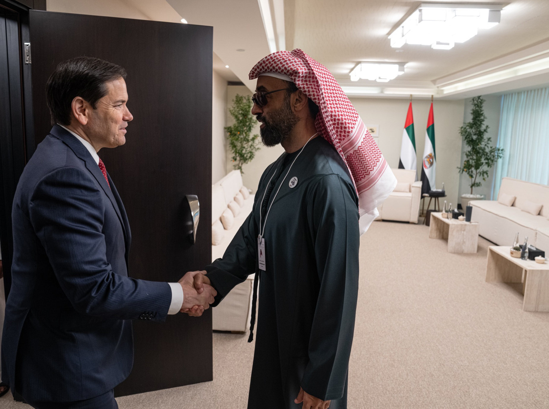 Sheikh Tahnoun bin Zayed al Nahyan shakes hands with US Secretary of State Marco Rubio at ADNEC Centre Abu Dhabi, February 2025