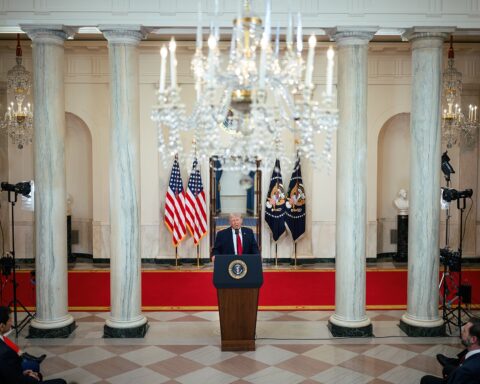 President Donald Trump addresses the nation on Iran from the White House Grand Foyer, April 2026