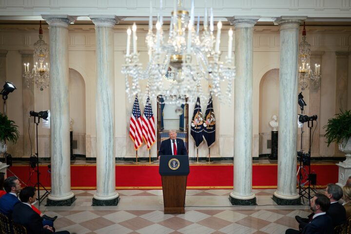 President Donald Trump addresses the nation on Iran from the White House Grand Foyer, April 2026