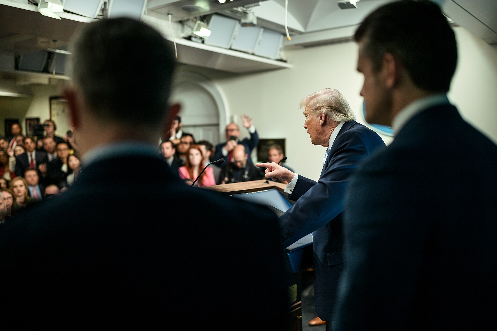 President Donald Trump at the James S. Brady Press Briefing Room podium updating the media on US military operations in Iran, April 6, 2026