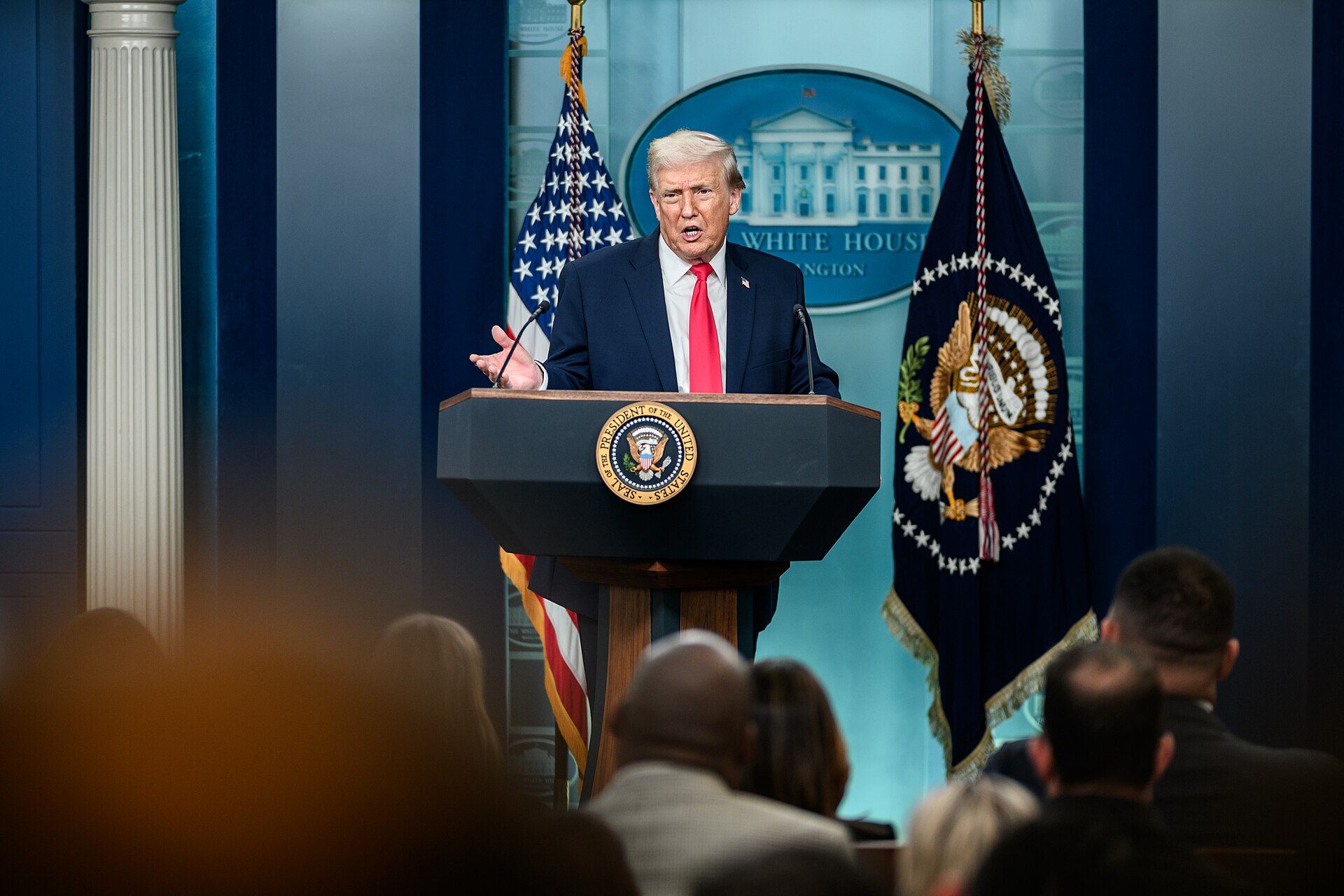 President Donald Trump addresses members of the media at the James S. Brady Press Briefing Room in the White House January 2026