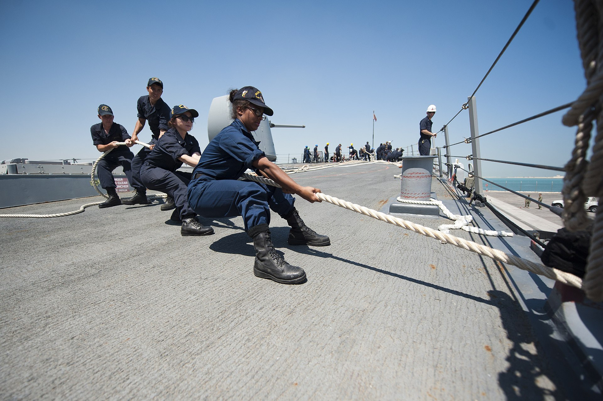 USS Arleigh Burke DDG-51 mooring at Naval Support Activity Bahrain pier, US Fifth Fleet headquarters in Juffair, Manama