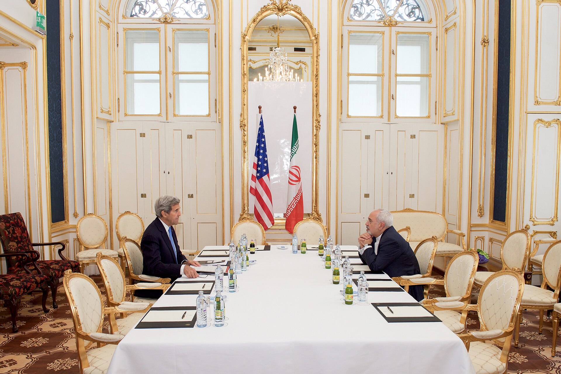 Secretary Kerry and Iranian Foreign Minister Zarif in one-on-one session at the Palais Coburg Blue Salon, Vienna — the 2015 JCPOA talks format of indirect proximity negotiations