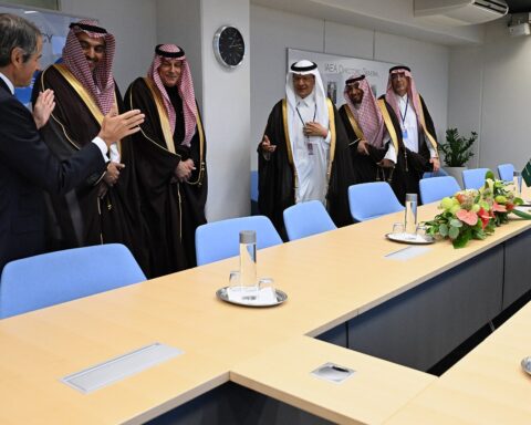IAEA Director General Rafael Mariano Grossi greets Saudi Energy Minister Prince Abdulaziz bin Salman at their bilateral meeting during the IAEA 68th General Conference, Vienna, September 2024