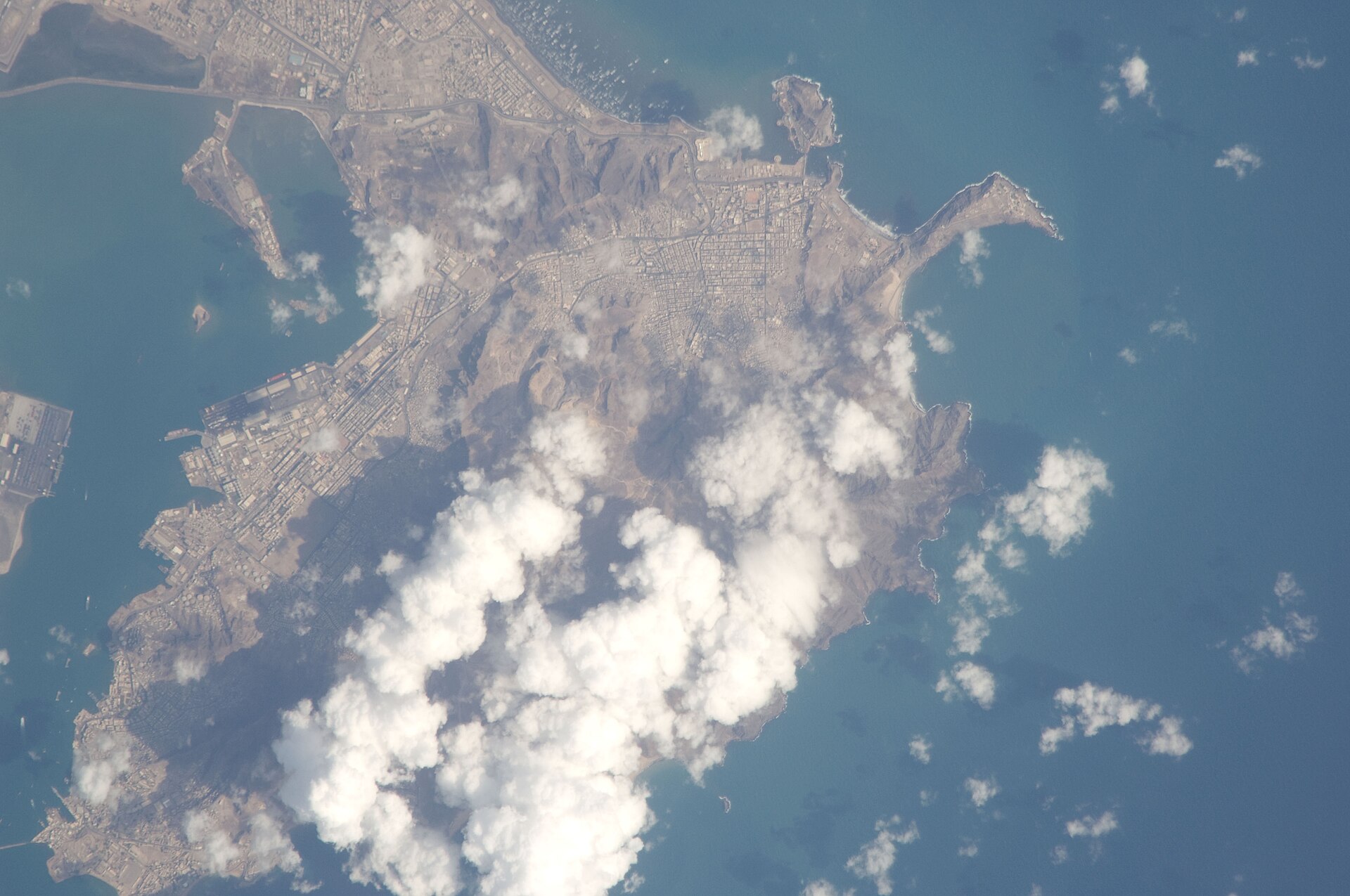 Aden Yemen port and coastal city photographed from the International Space Station showing Red Sea coast infrastructure