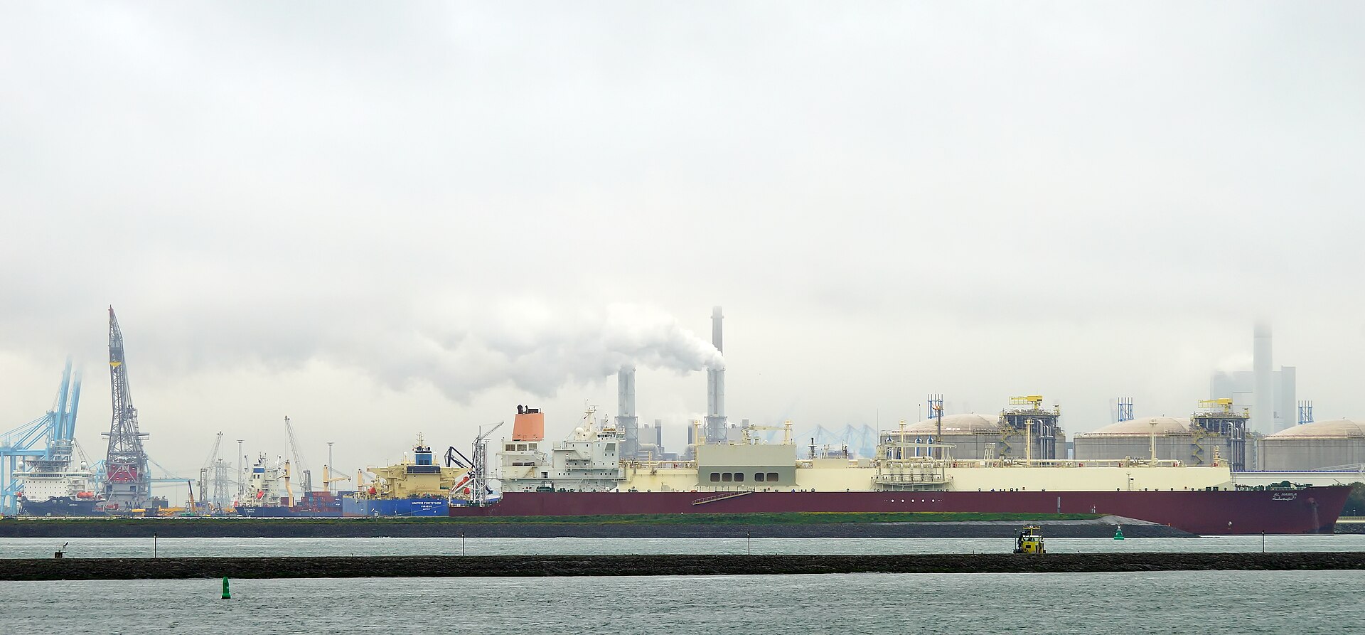 Al Hamla, a Nakilat Q-Flex class LNG carrier, at Europoort — one of 31 Q-Flex vessels in Nakilat state fleet that must transit the Strait of Hormuz on every voyage