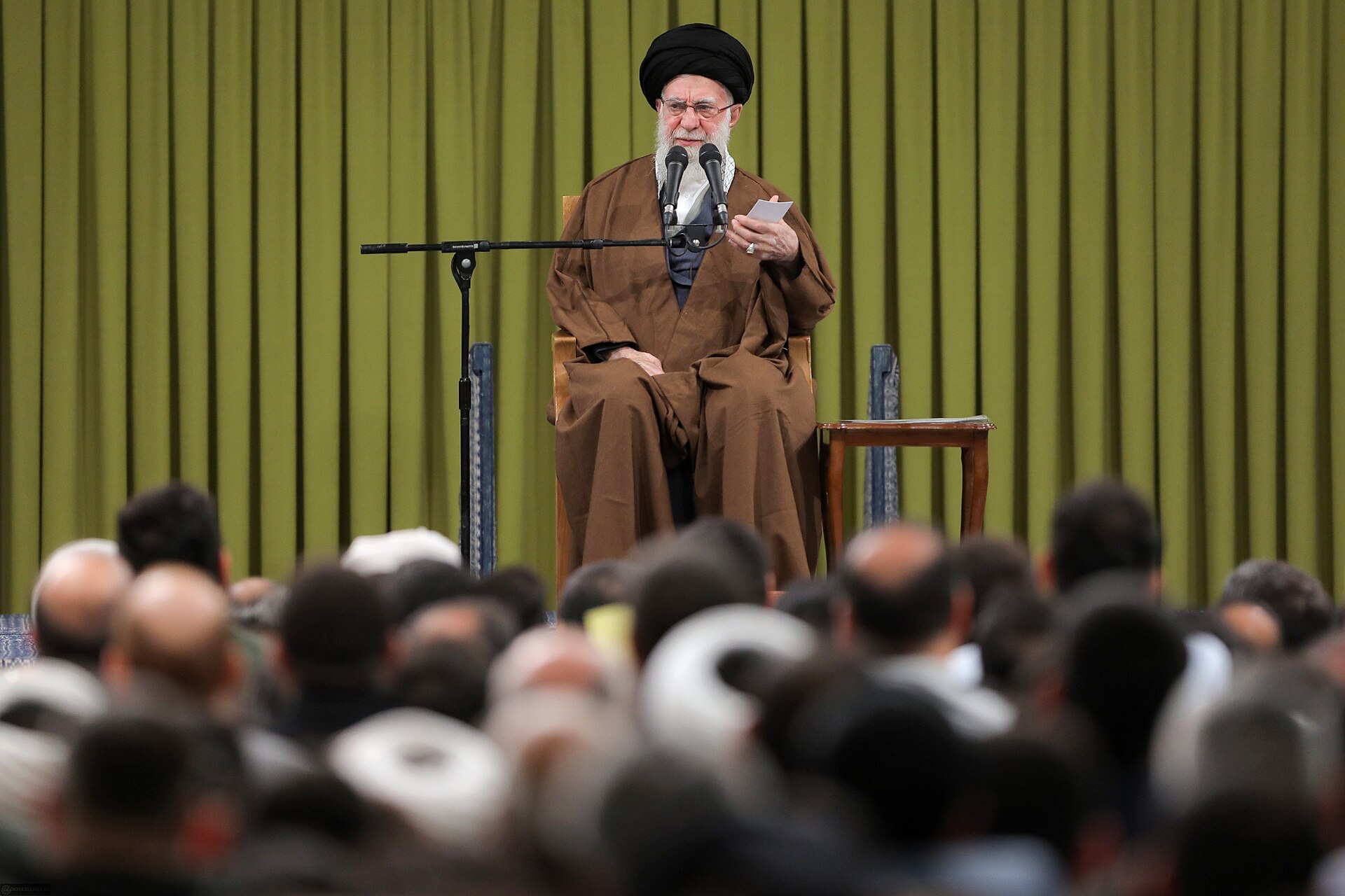 Ali Khamenei addressing a large crowd at Imam Khomeini Hussainiyeh in Tehran, December 2025 — among his final public appearances before the February 28, 2026 airstrike that killed him
