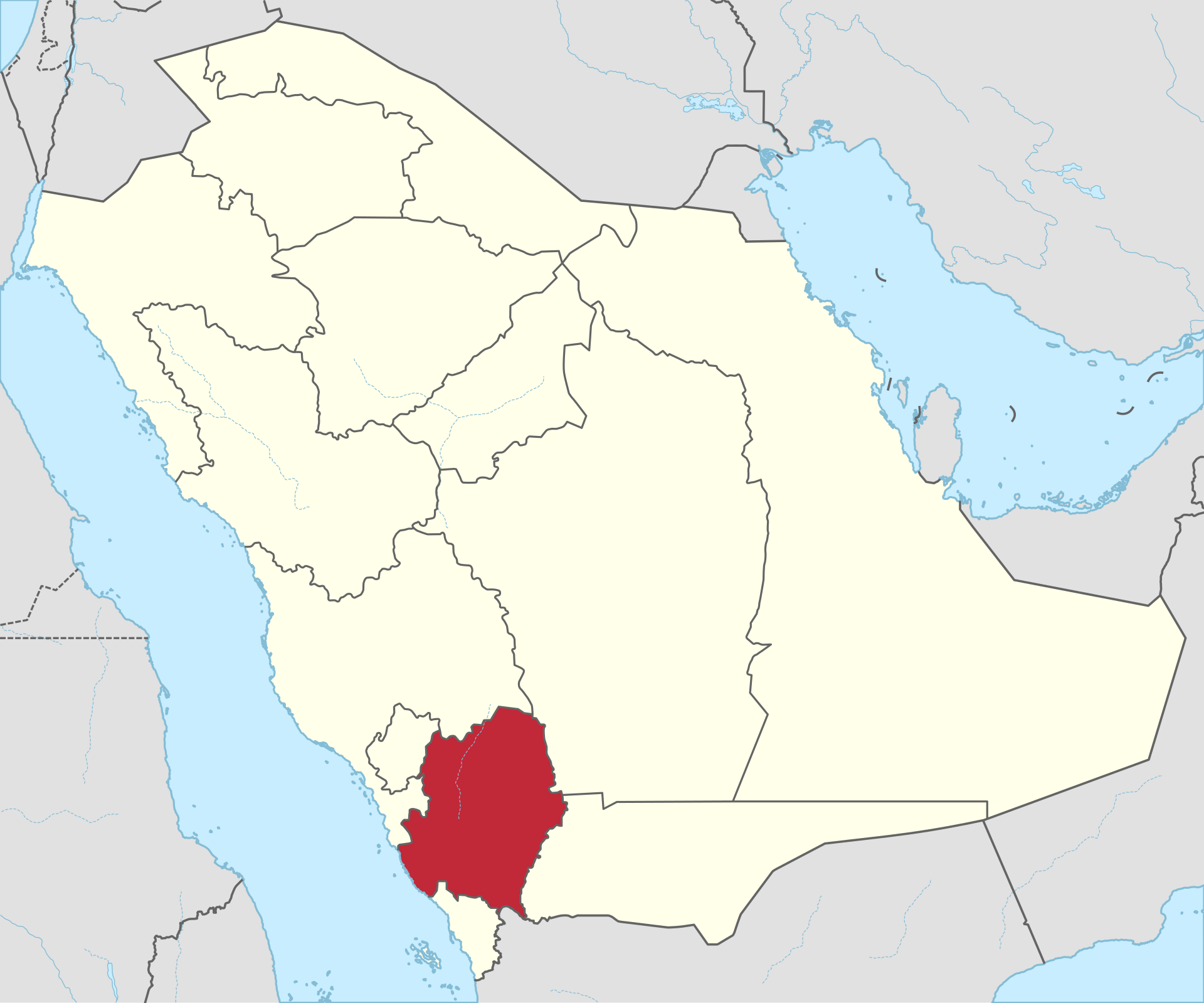 Locator map showing Asir Province in southern Saudi Arabia, the region containing Abha, Khamis Mushait, and the Yemen border corridor