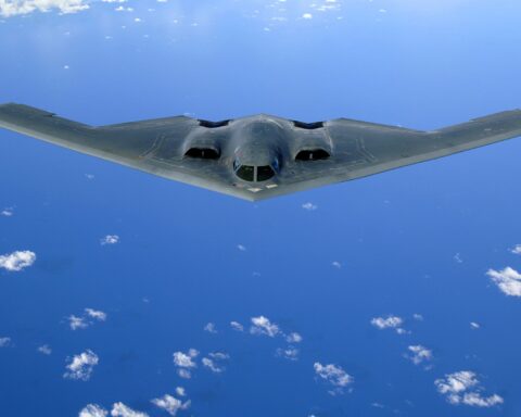 A B-2 Spirit stealth bomber in flight — the aircraft that delivered fourteen GBU-57 Massive Ordnance Penetrators in Operation Midnight Hammer against Fordow and Natanz in June 2025