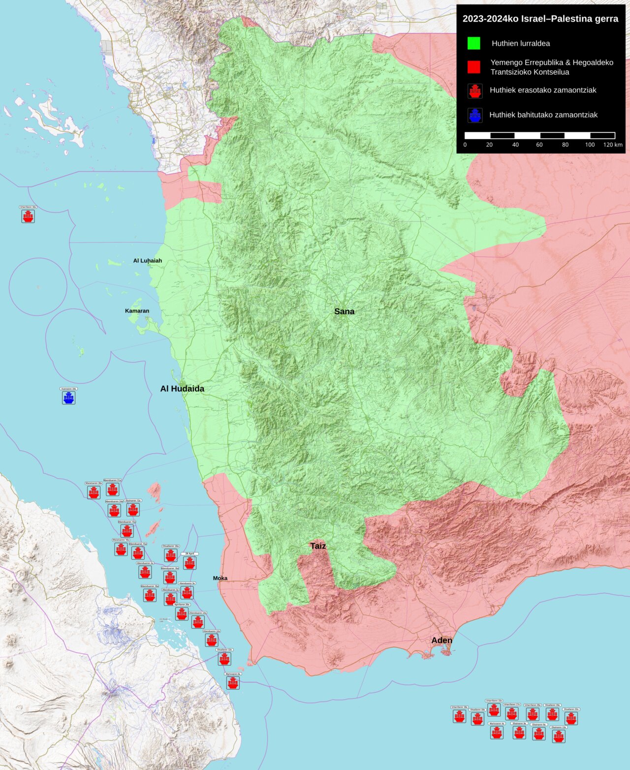 Map showing Houthi-controlled territory in Yemen (green) and recorded Houthi maritime attack locations (red markers) in the Red Sea and Gulf of Aden south of Bab el-Mandeb, through early 2024 — the attack zone where M/V Magic Seas was sunk in July 2026